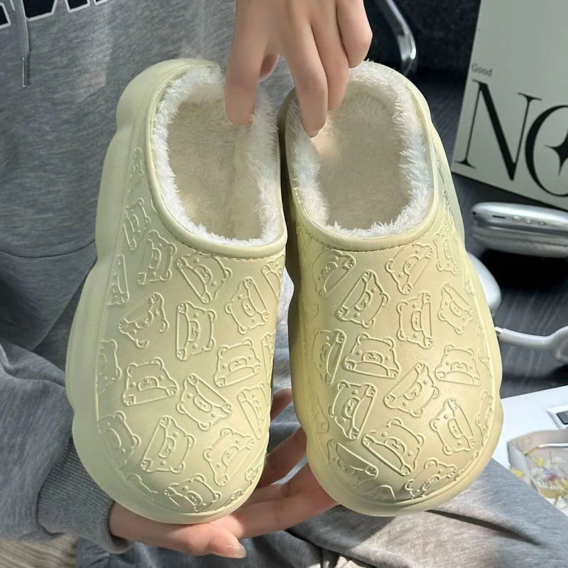 Зимние плюшевые меховые сабо мужские и женские тапочки мультяшный медведь для