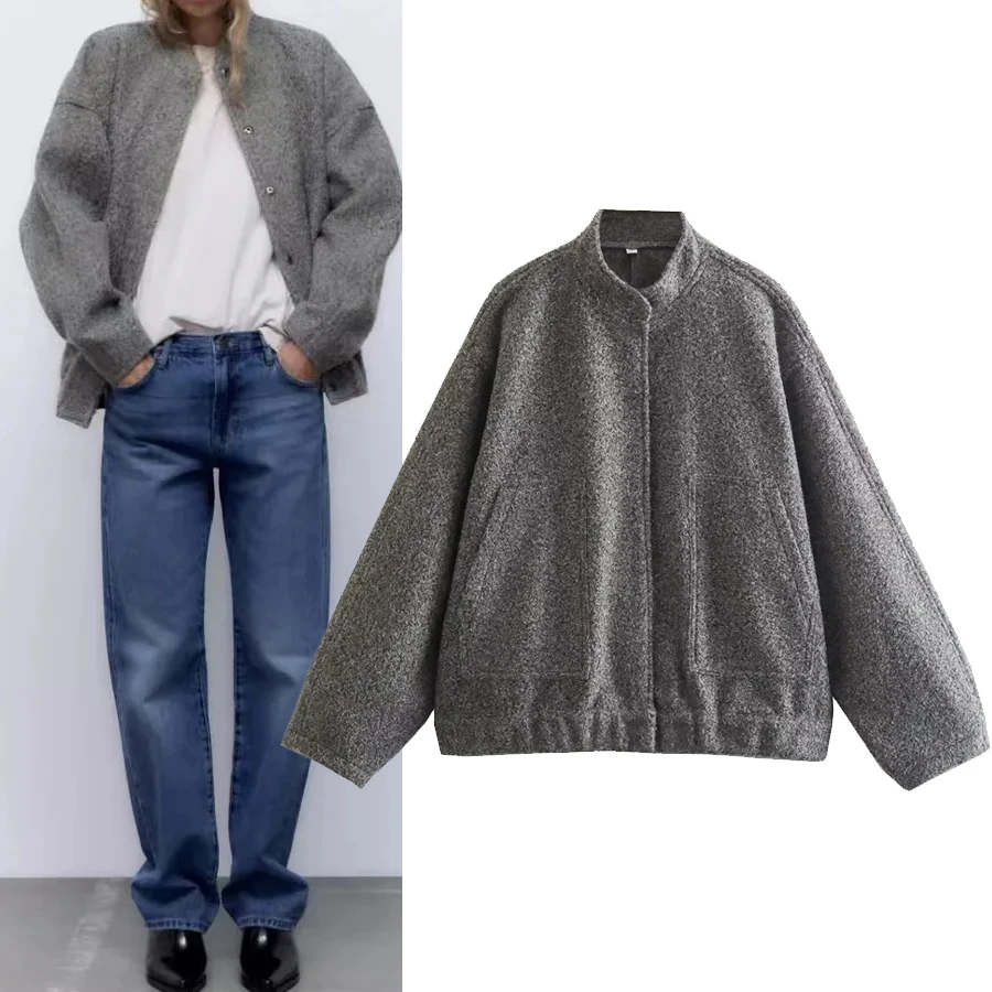

Women's Casual Loose Stand Collar Jackets 2023 Spring Warm Grey Zipper Long Sleeve Bombers Fashion Plush Oversize Female Outwear