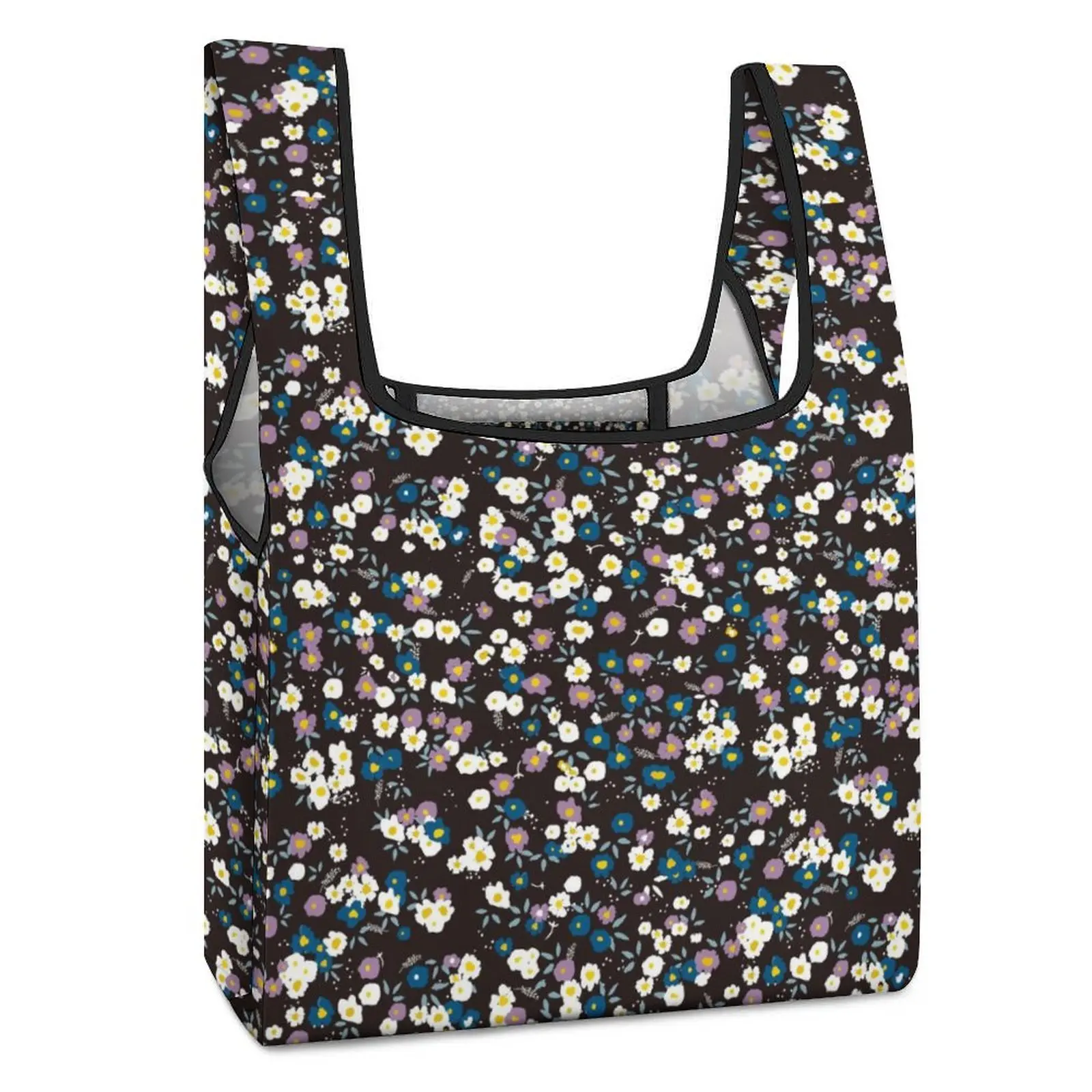 Customized Pattern Folding Bag Black Print Portable Large Capacity Fully Printed Handbag Women Supermarket Shopping Grocery Bag