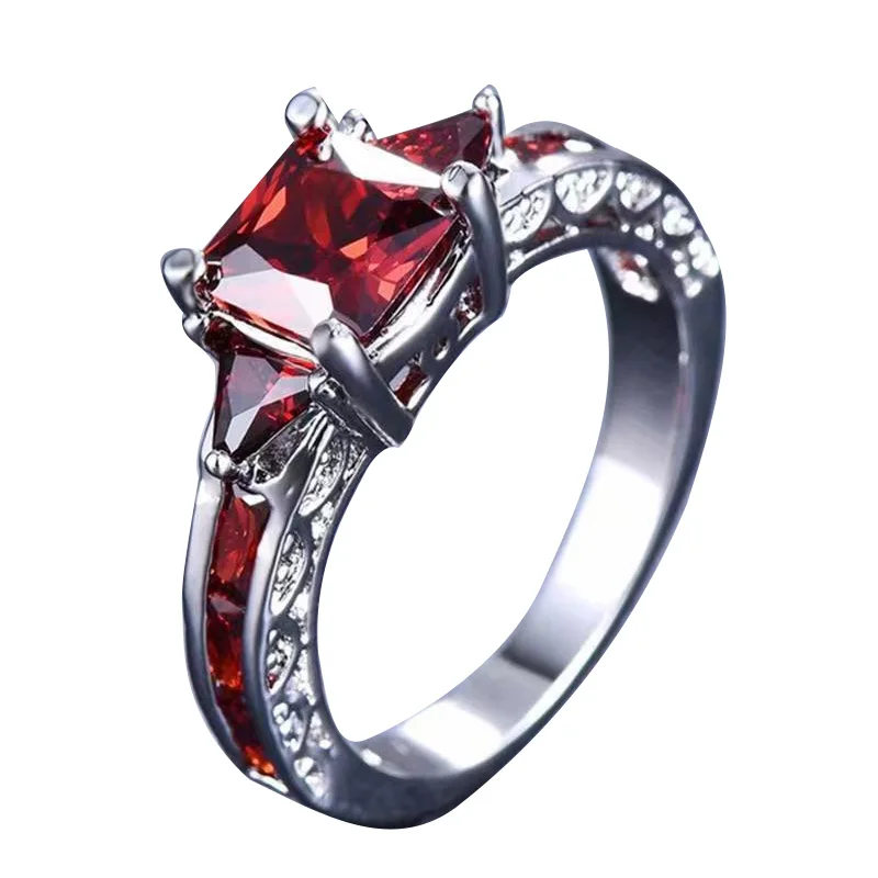 

Women Silver Plated Rings Red Black Crystal Ring Simulated Glass Finger Jewelry Retro Elegant Silver Plated Rings Size 5-11