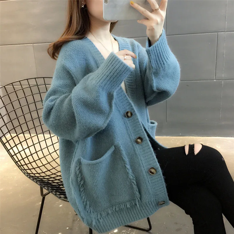 

2022 Spring Autumn New Sweater Loose Korean Female Outer Wear Women Solid Color Knitted Cardigan Thick V-Neck Sweater Knitwear