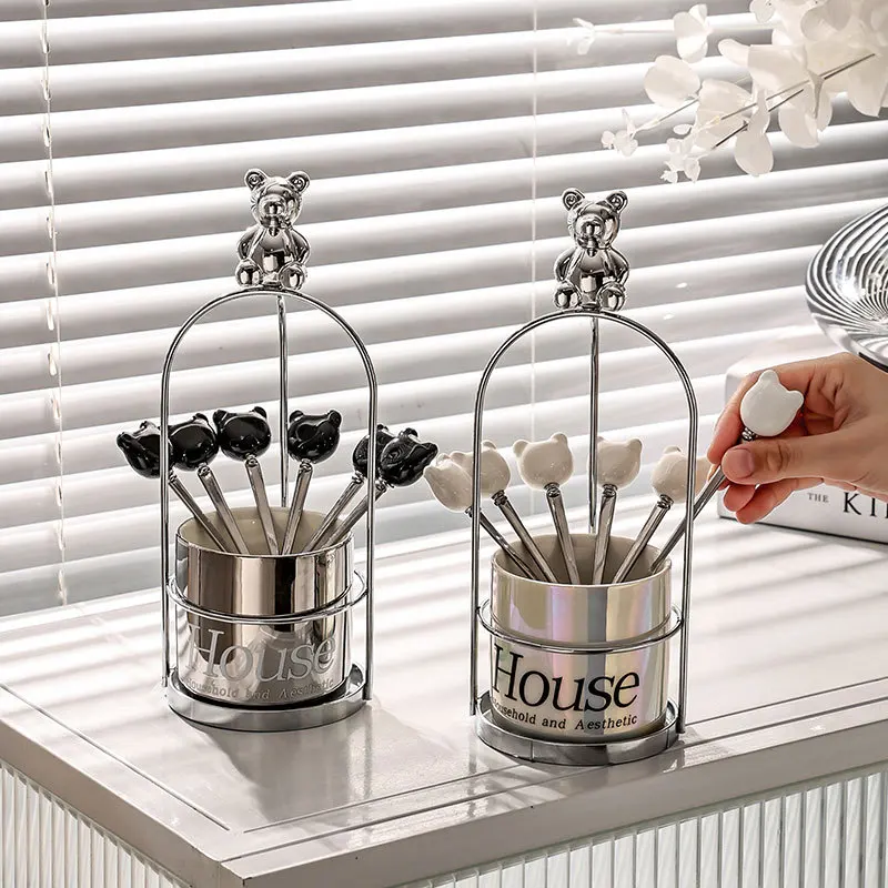 

AhunderJiaz Light Luxury Electroplated Bear Iron Frame Storage Jar with Handle Ceramic Box Fine Fork Kitchen Storage Tool Set
