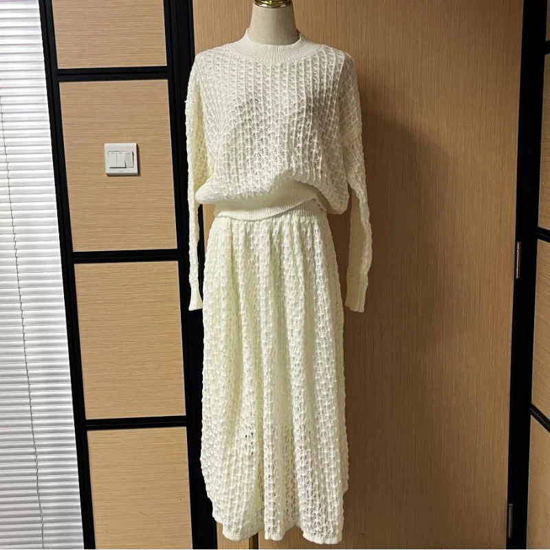 New Sweater Suit Skirt White Kawaii Loose Hollow Knitted Two-Piece Knitted 2 Pieces Set 2022 Women Office Lady Pullovers Sweater