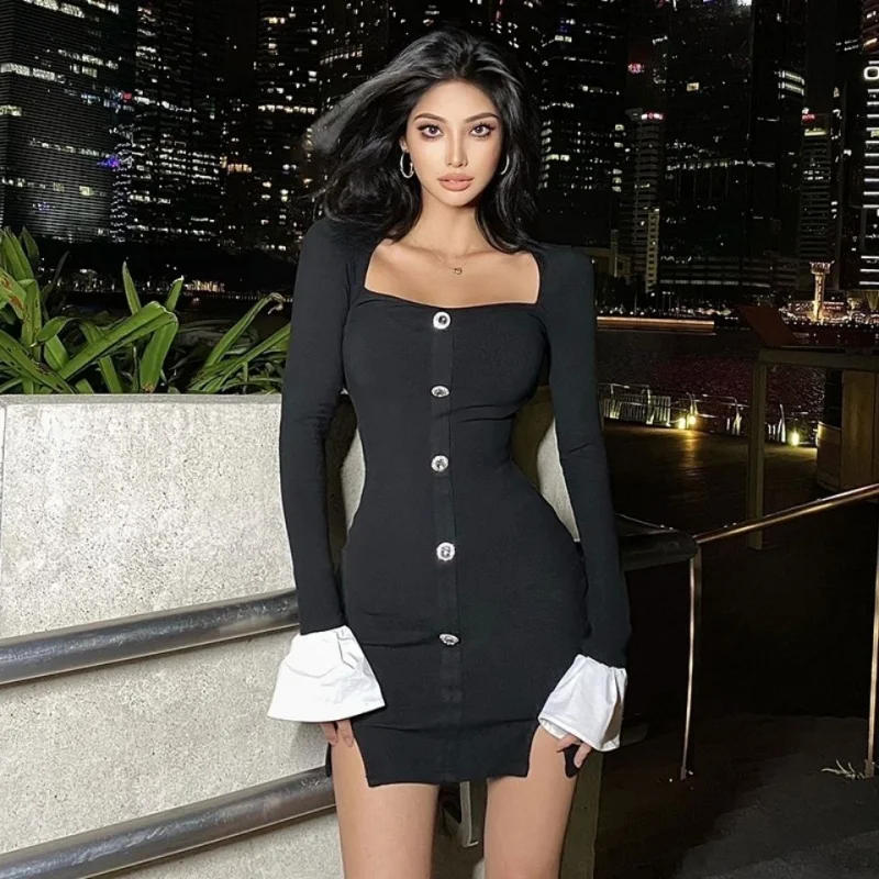 

European and American Sexy Dress Women's Low-Cut Eye-Catching【Chaebol】Large Drill Buckle Slim-Fit Hip-Wrapped Short Dress