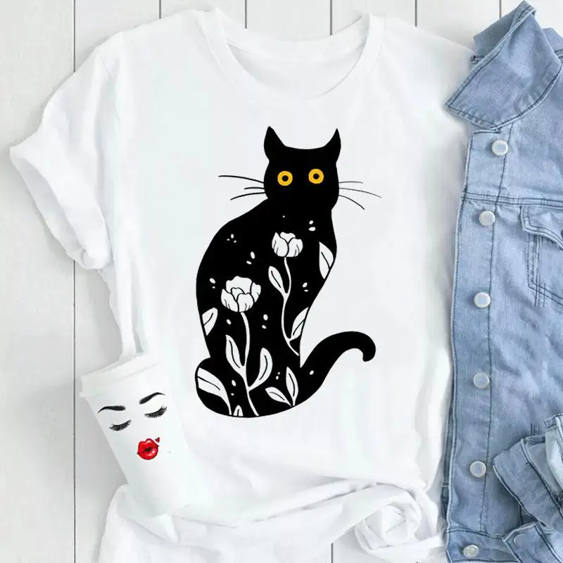 

Women Graphic Printing Fashion Short Sleeve Cartoon Print Wear Cat Pet Animal Trend Style Vacation Tops Tees Tshirt T-Shirt