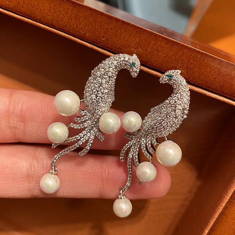 

Top Quality Luxury Zircon Pearl Bird Drop Earrings for Women Bride Wedding Banquet Party Dress Jewelry boucle oreille femme luxe