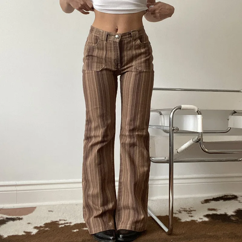 

Retro Harajuku Brown Striped Flare Jeans Mid-Waist Denim Pants y2k Aesthetic Grunge Fairycore Joggers Trouser Vintage Streetwear
