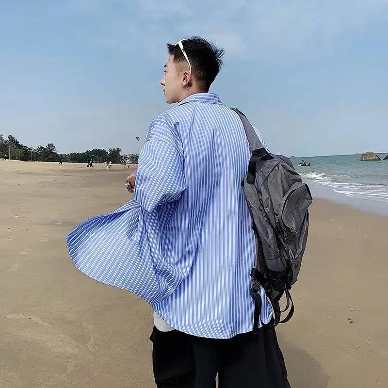 High Quality Summer Short Sleeve Striped Shirts for Men Clothing 2022 Simple Loose Fit Business Casual Streetwear Blouses E55
