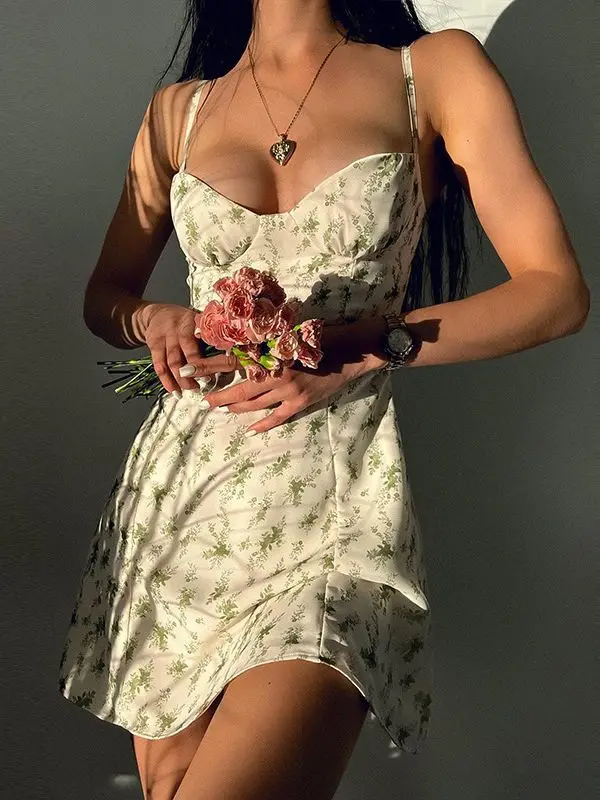 

Женское платье с цветочным принтом, приталенное платье с глубоким вырезом и лямкой на шее