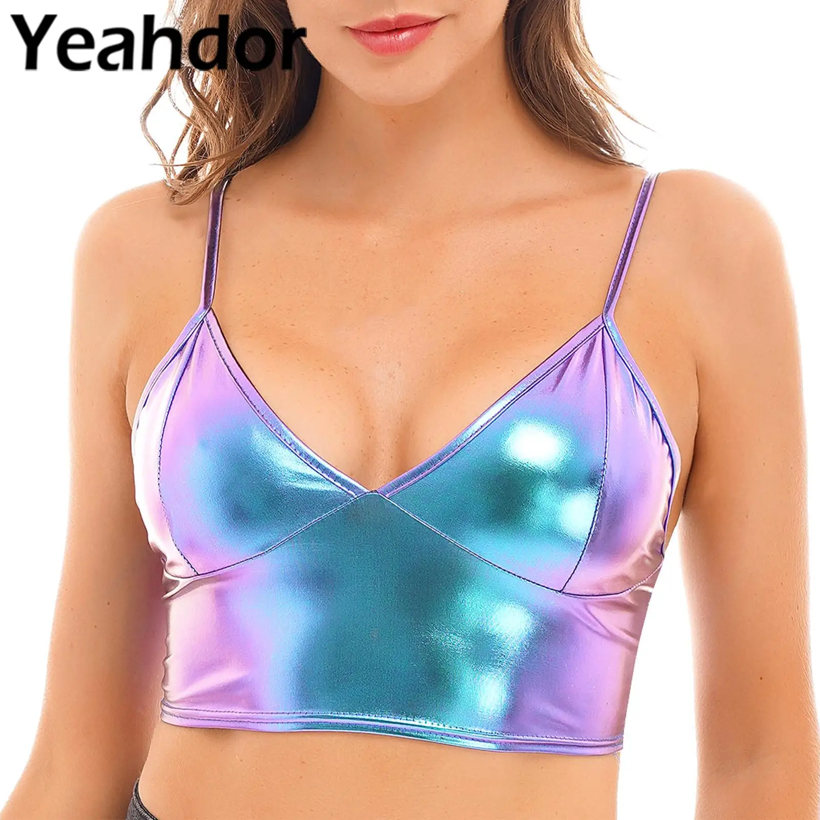 

Womens Metallic Shiny Vest V Neck Camisole Adjustable Spaghetti Straps Crop Top Backless Vest Clubwear Sexy Tops