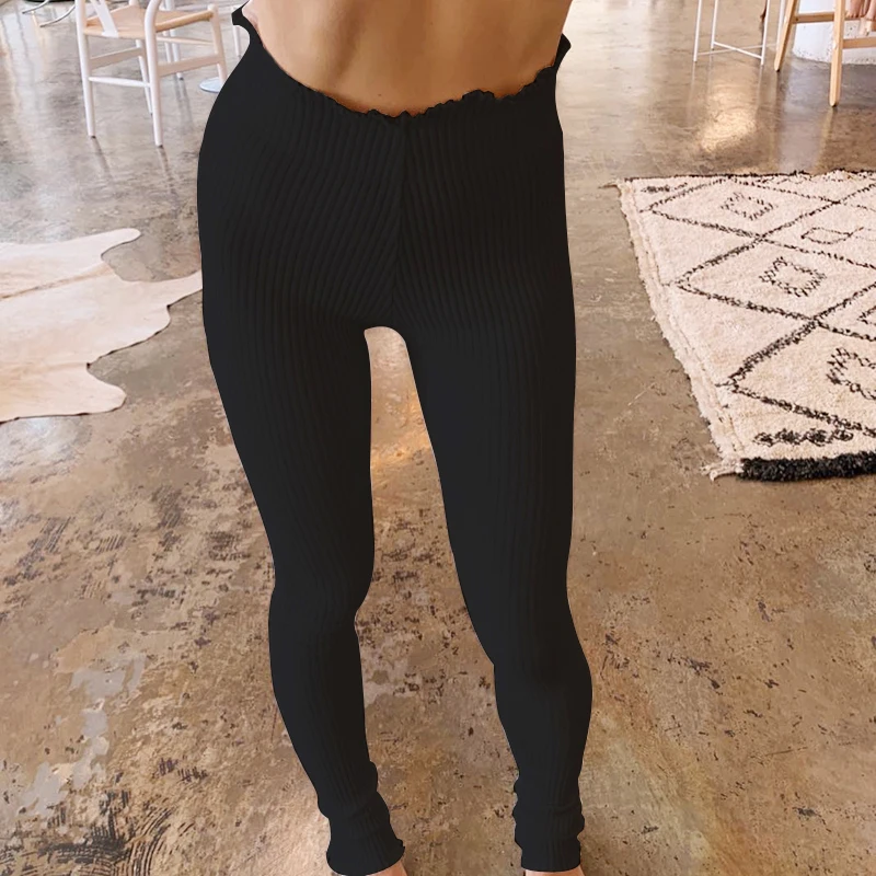 

2021 Autumn Women's Ribbed Tight-fitting Casual Pants Women's Street Style Elastic New High-waist Foot Pants with Wood Ears