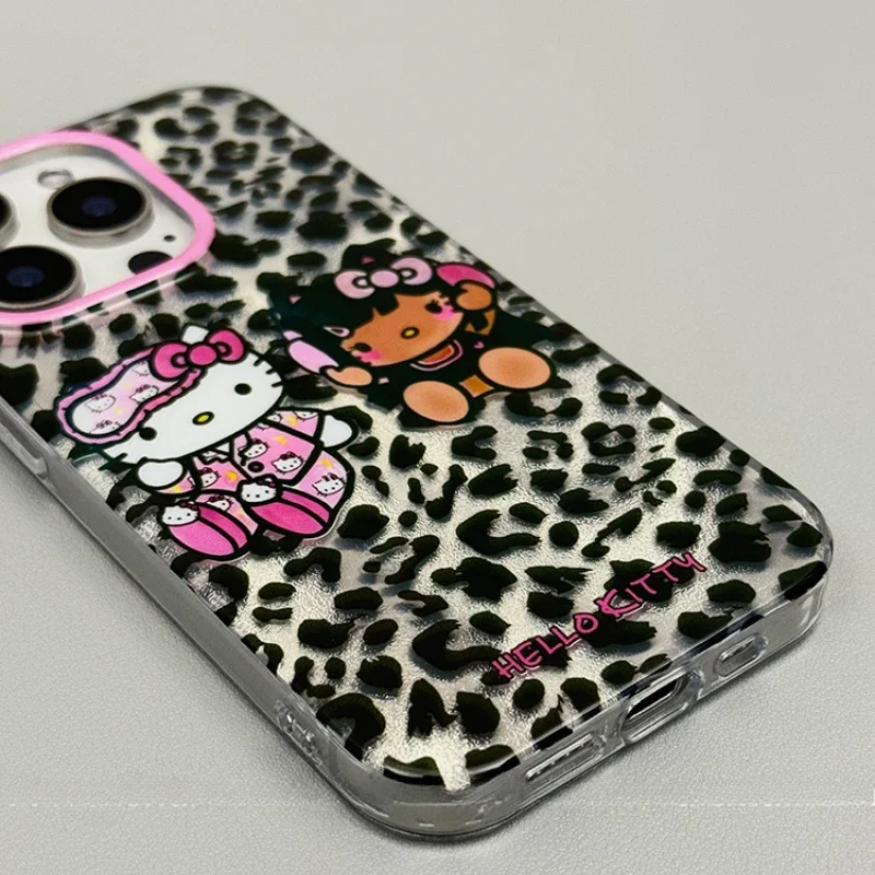 Чехол Kawaii Tan Hello Kitty с леопардовым принтом Y2K для iPhone 16 15 14 13 12 Pro Max Sanrio креативный