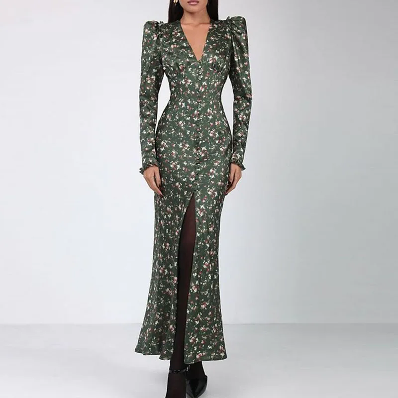 

Sexy Deep V-neck High Waist Maxi Dress Women Spring Floral Print Boho Long Dress Autumn Puff Long Sleeve Front Split Party Dress