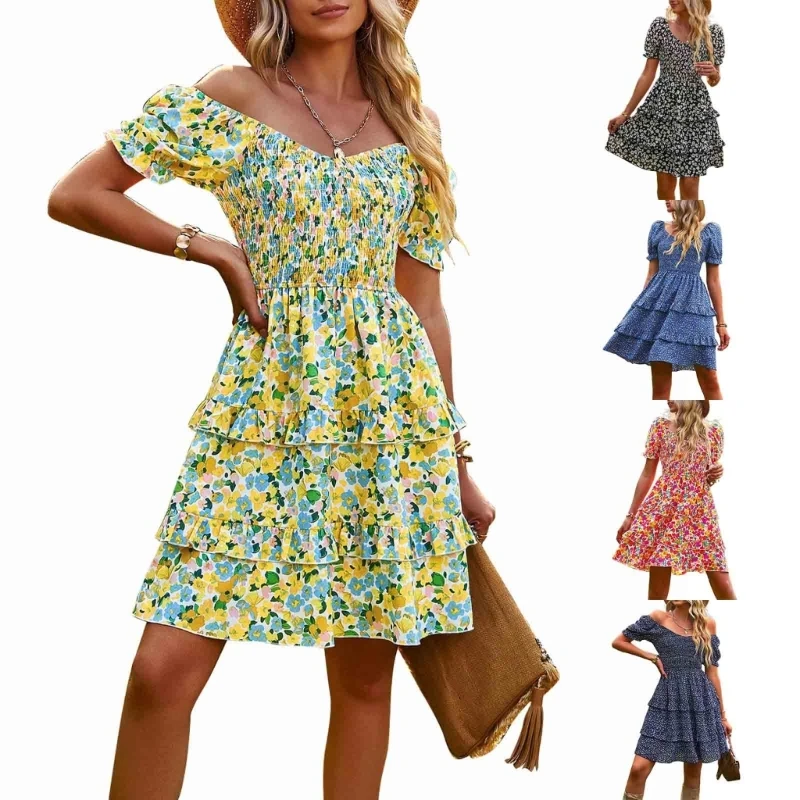 

Платье женское ТРАПЕЦИЕВИДНОЕ с цветочным принтом, высокой талией и коротким рукавом