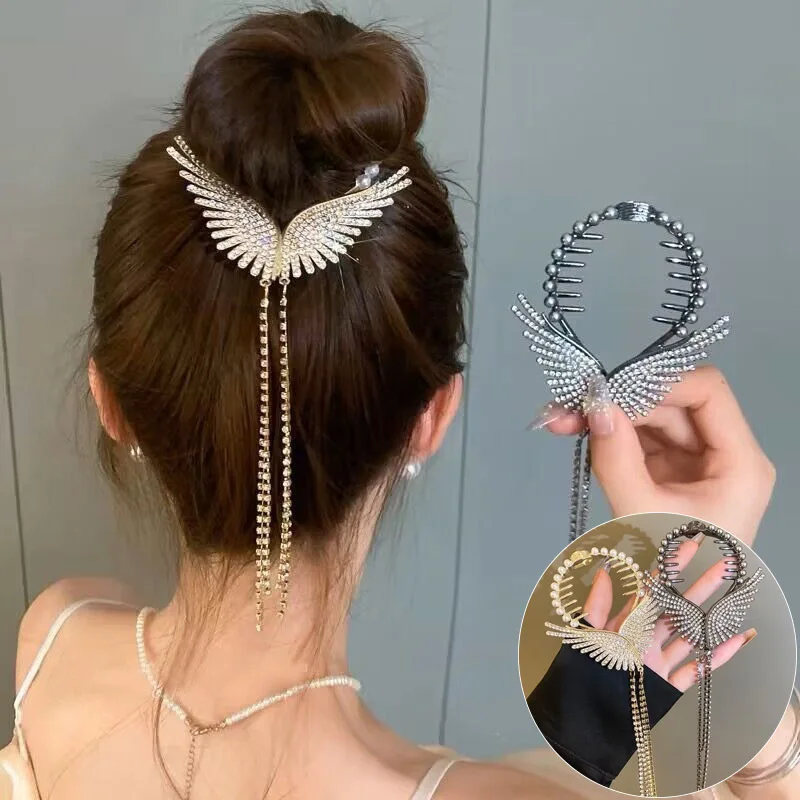 

Luxury Full Rhinestone Wing Hair Clip Claw Elegant Tassel Pearl Hairpins Ponytail Bun Headbands For Women Girls Hair Accessories