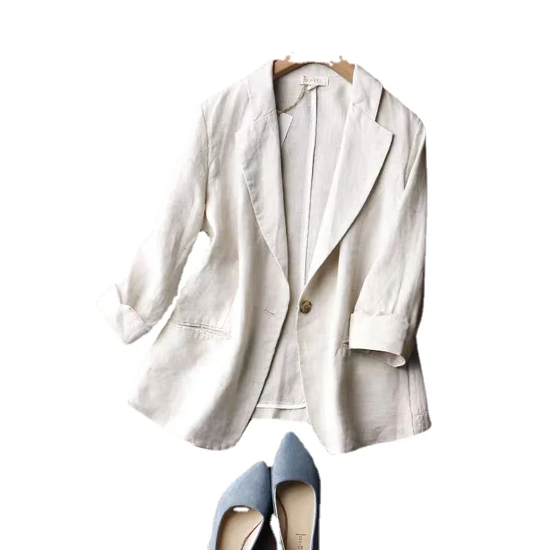 

Блейзер Женский с рукавом средней длины, маленький пиджак, модный Свободный Тонкий облегающий жакет из хлопка и льна, Одежда большого разме...