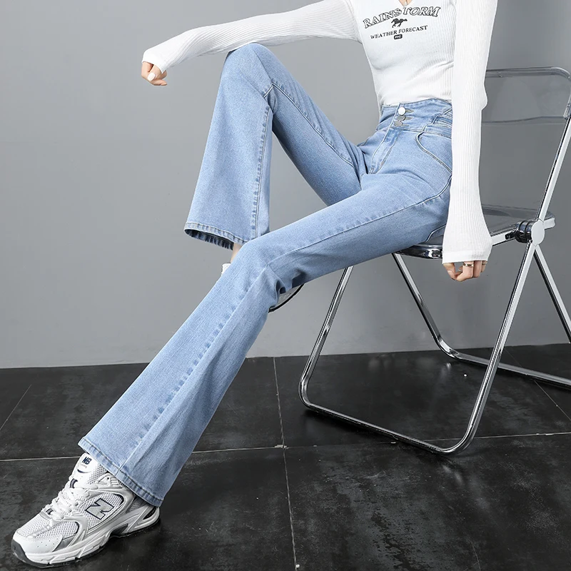 Jeans women's spring 2022 new versatile micro horn jeans women's high waist thin wide leg micro horn mops