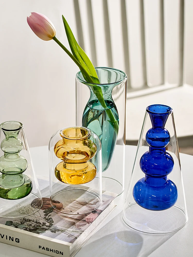 

Home Decoration Vases Double Layer Colored Decoration Glass Vase Hydroponic Vase Modern Tabletop Vase Aesthetic Room Decor