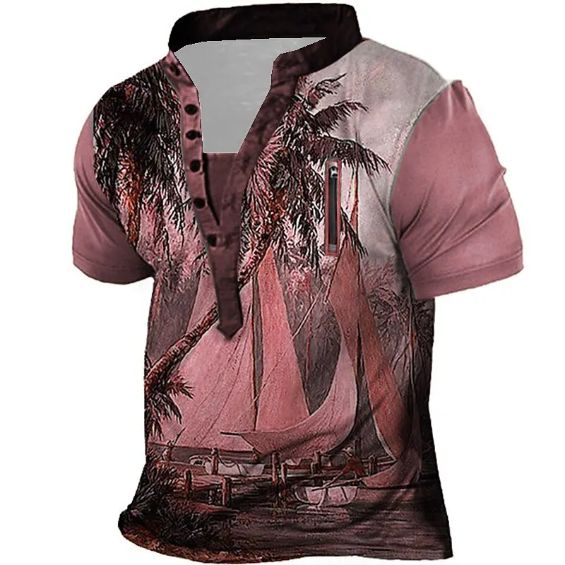 

2023 Vintage Men's T-shirt Henry T-shirt Pattern Compass Standing Collar 3D Printing Outdoor Daily Short Sleeve Button Clothing