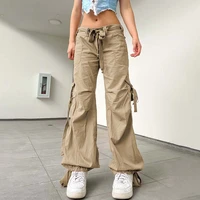 yikuo y2k cargo pants with big pocket streetwear 2022 khaki color low waist trousers 90s joggers women baggy vintage sweatpants