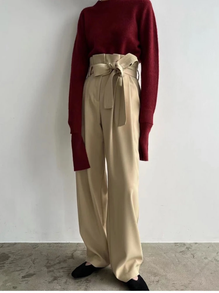 2022 Autumn New High Waist Bow Women Suit Pants Casual Straight Wide Leg Pants