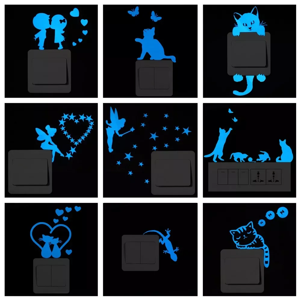 

Blue-light Luminous Switch Sticker Home Decor Cartoon Glowing Wall Stickers Dark Glow Decoration Sticker, Cat/Fairy/Moon Stars..