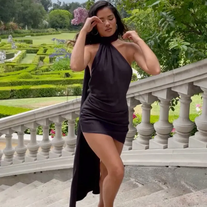 

Summer Elegant Satin Backless Mini Dress Women Gown Halter Sleeveless Backless Bodycon Club Party Dresses Green Y2K