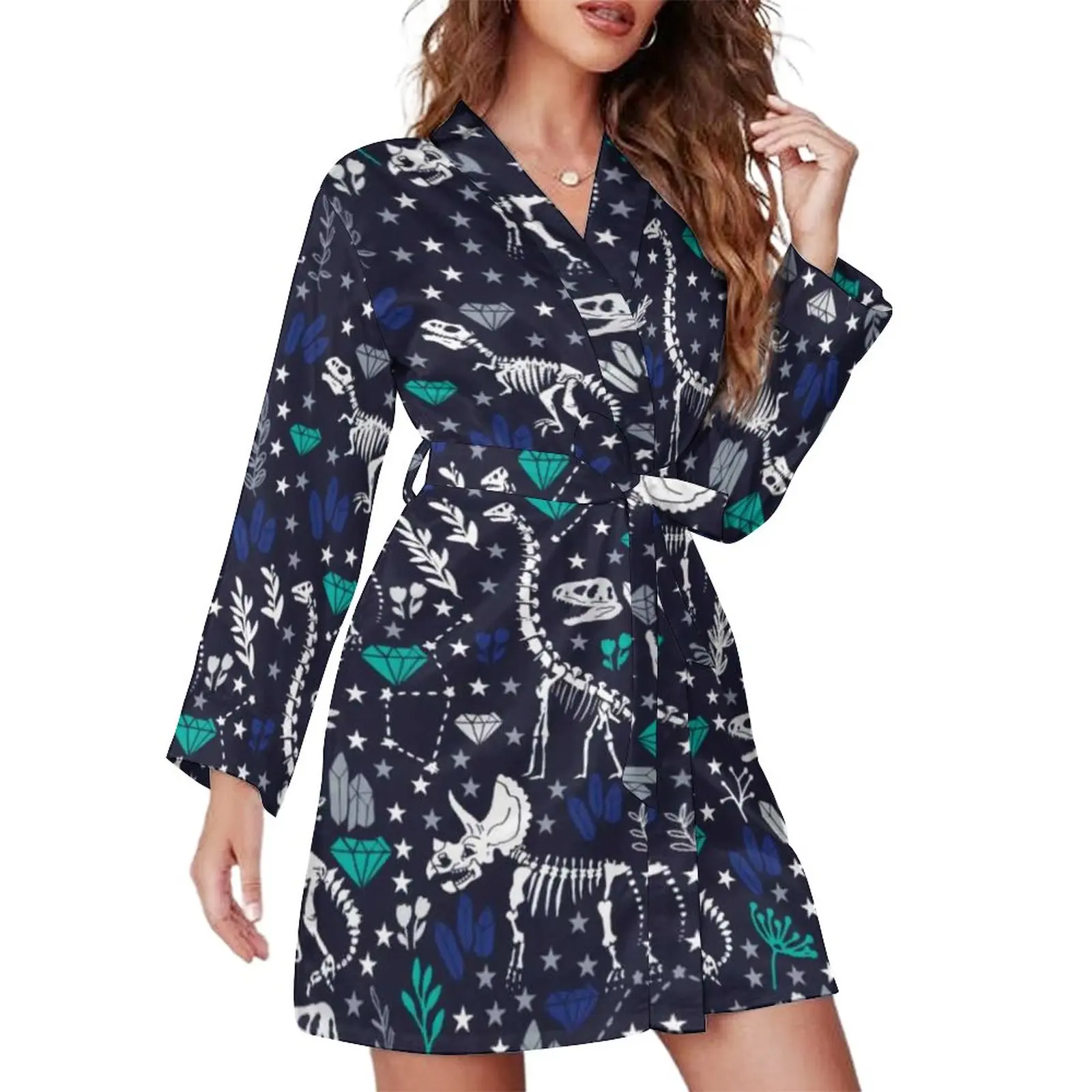 

Cute Dinosaurs Pajama Robe V Neck Blue Dinosaur Skeletons Lover Cute Dress Women Long Sleeve Room Bathrobe Printed Pajamas Robes
