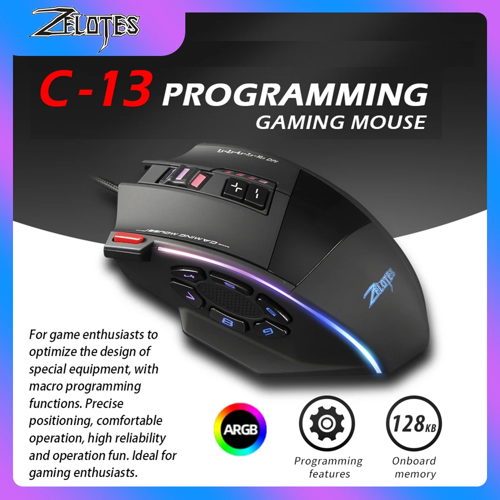 Проводная игровая мышь ZELOTES C-13 13 программируемых кнопок, 5 уровней, 10000DPI, регулируемая RGB оптическая игровая компьютерная мышь для компьютера Проводная игровая мышь ZELOTES C-13 13 программируемых кнопок, 5 уровней, 10000DPI, регулируемая RGB оптическая игровая компьютерная мышь для компьютера