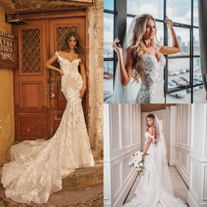 

15030# Exquisite Sweetheart Illusion Lace Appliques Zipper Sweep Train Mermaid Wedding Dress Stpaghetti Straps Bridal Gown