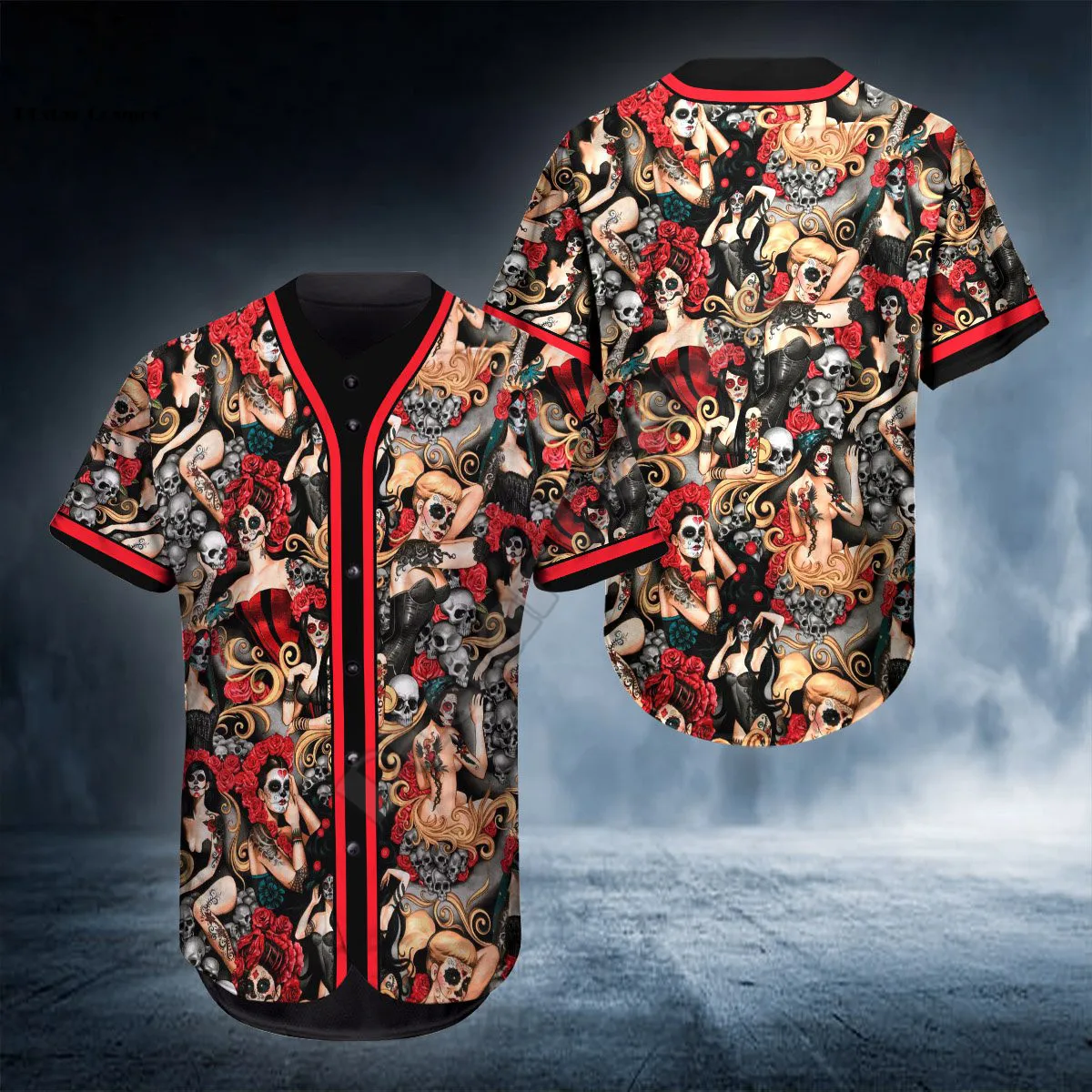PLstar Cosmos Baseball Jersey Shirt All Over Print Pattern Skull Baseball Jersey Shirt Us Size Love Skull Gift hip hop Tops
