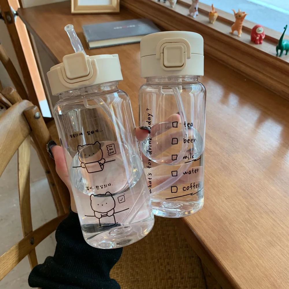 

Transparent Cartoon Water Bottle with Straw Cute Plastic Drinking Bottle Portable Leak-proof Drink for Drinking Milk Coffee Tea