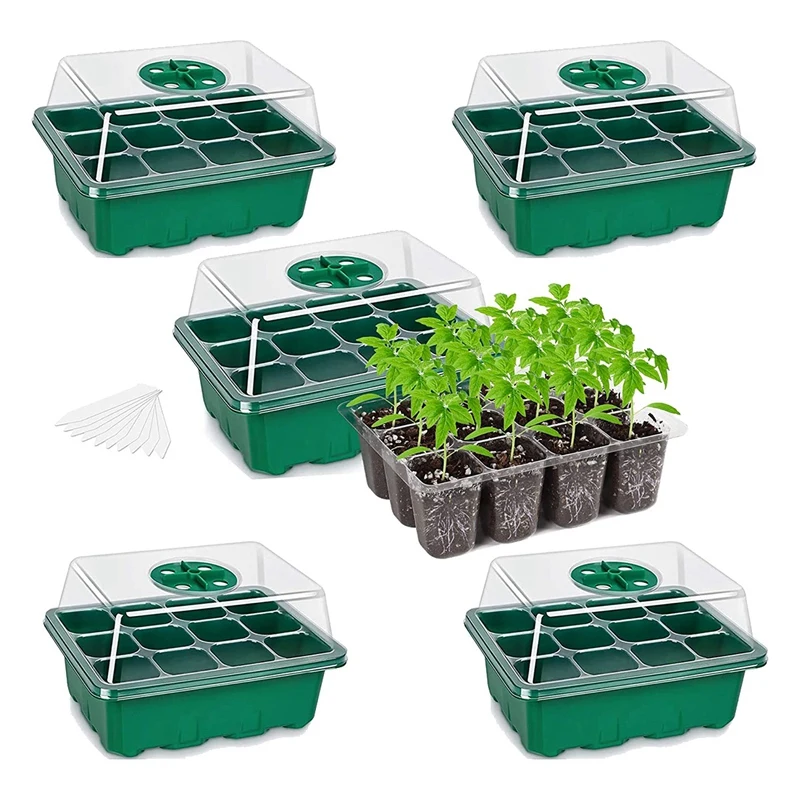 

5 шт., стартовый набор для рассады семян, стартовый набор для растений с куполой и основанием для влажности (12 ячеек на лоток), зеленый