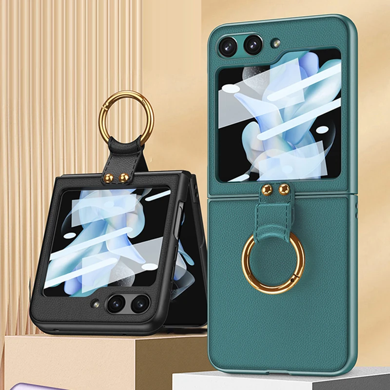 

Ultra Thin Hard PC PU Leather Phone Cover for Samsung Galaxy Z Flip 5 Case with Small Screen Protector Ring Holder Bracket