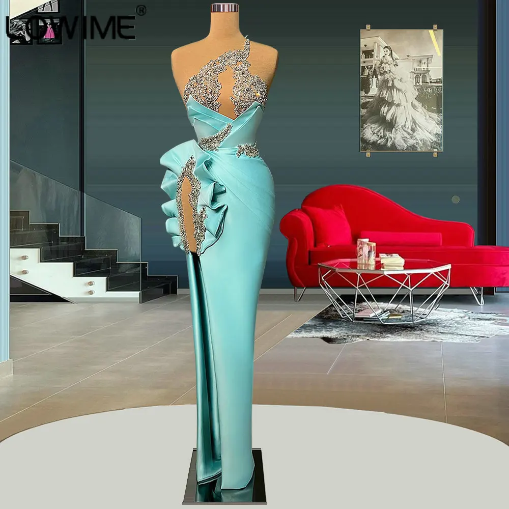 

Baby Blue Sexy High Slit Long Evening Dresses Sleeveless Sparkle Silver Sequins Ruffles Satin Mermaid Party Gowns Vestidos