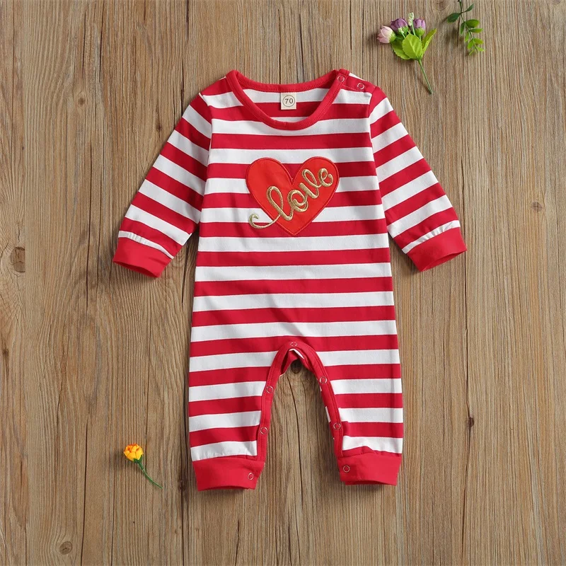 

Valentines Outfit Toddler Girl Rompers 0-18M Baby's Striped Romper Long Sleeve Bodysuits Embroidered Pattern Jumpsuit for Babies