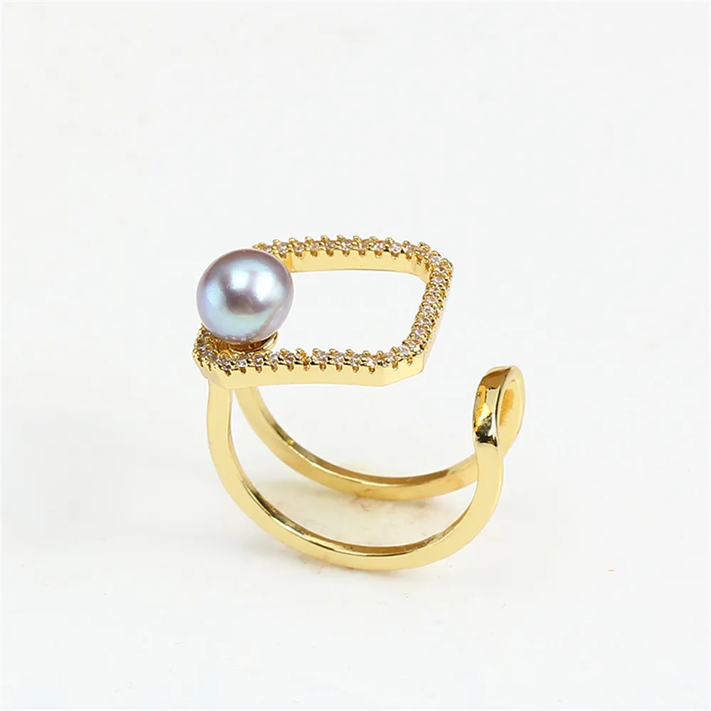 

Domestic 14k gold plated colour preserving square opening ring zircon pearl empty holder adjustable DIY accessory women