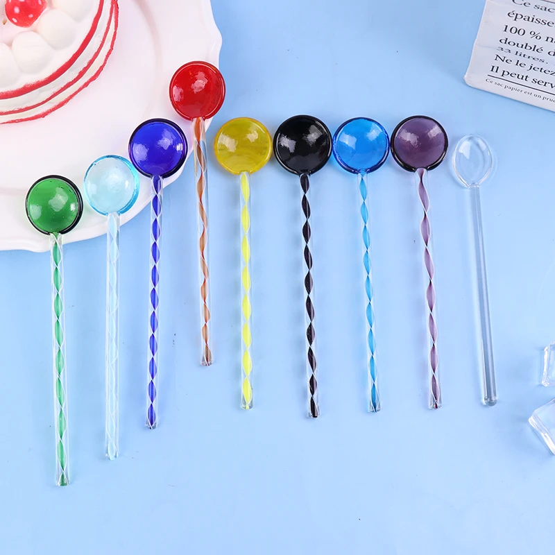 

Glass Milk Spoon Colored Transparent Coffee Dessert Stirring Spoons Long Spiral Handle High Temperature Resistant Kitchen