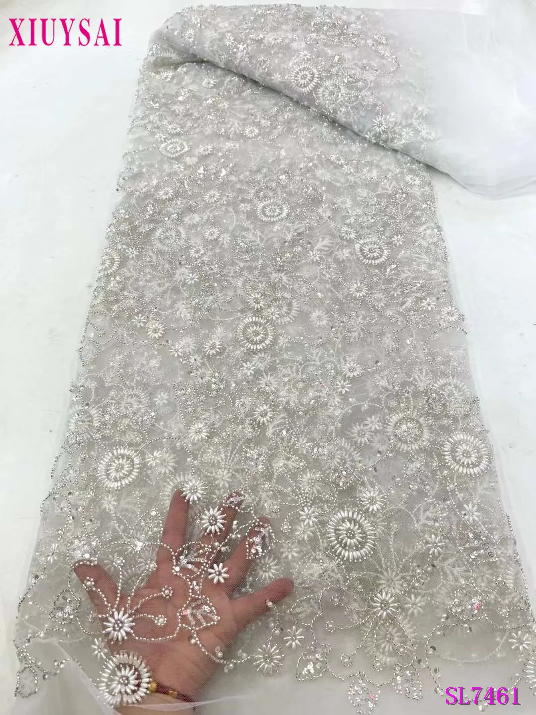 

Nigeria French Tulle Lace Fabric Embroidery African Handmade Beaded Lace Fabric High End Mesh Material Luxury Sequins For Party