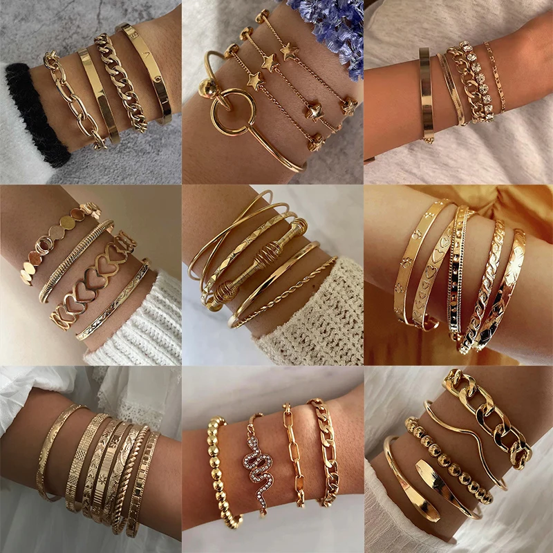 

New Fashion Boho Punk Golden Cuff Bracelets & Bangles For Women Love Pulseiras Bangle Set Feminina Jewelry Charm Gifts B051