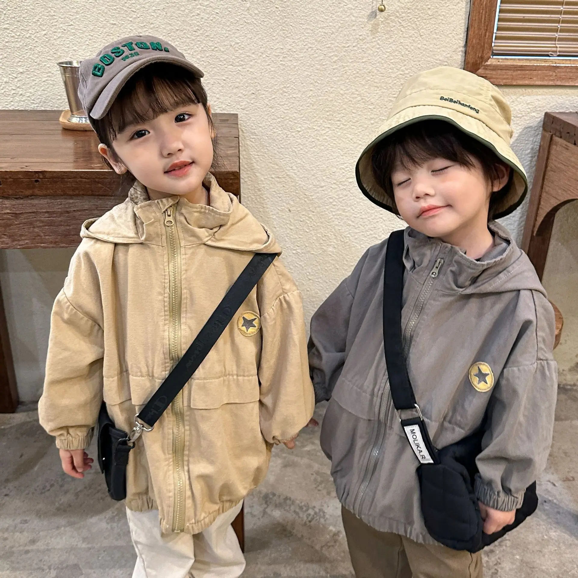 

4702D Children's Coats Long Hooded Jacket 2023 Spring Autumn Casual Loose Boy's Coat Windbreaker Jacket Girl's Outerwear