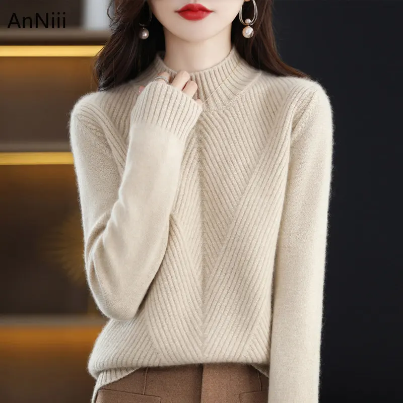 

100 Wool Cashmere Sweater Women Autumn Winter Turtleneck Jumper Clothes Woman Knit Pullover Long Sleeve Top Solid High Quality