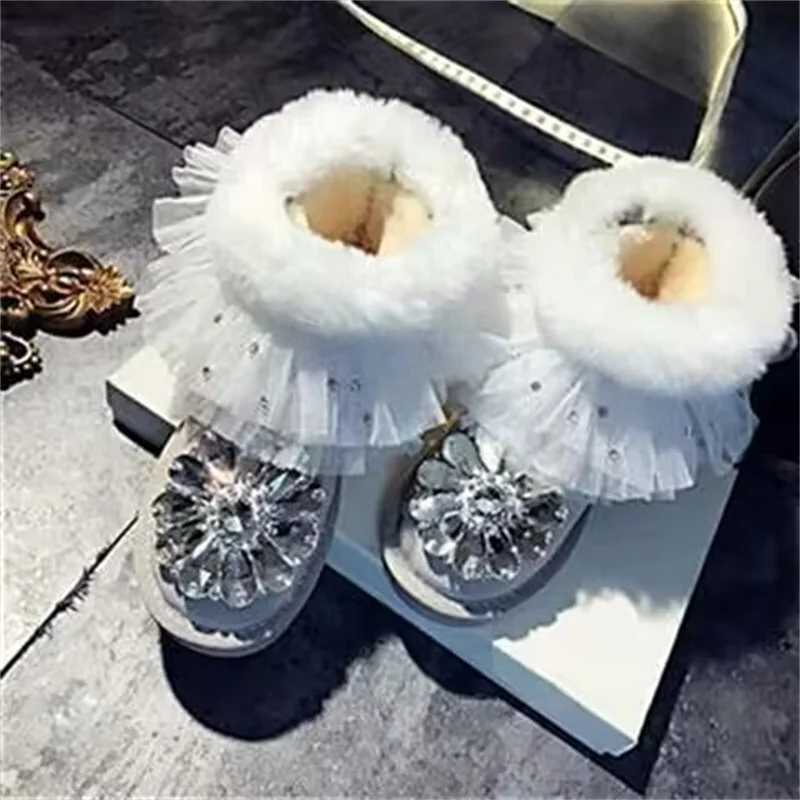 

Handcrafted velvet ribbon snow boots Silver diamond velvet warm plus-size women 35-44