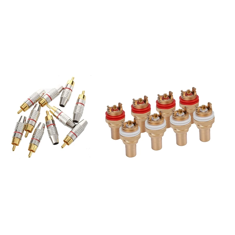 

10Pcs Adapter Audio Coaxial Cable Connector RCA Plug Seamless With 8Pcs Red+White RCA Female Socket
