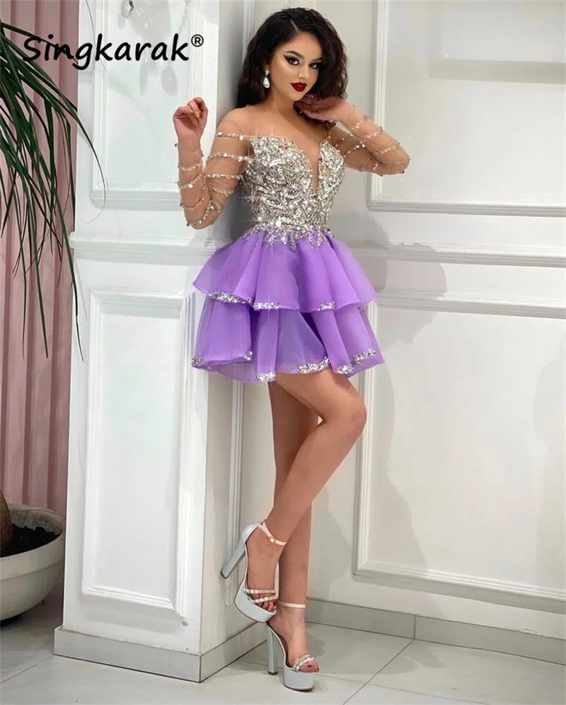 

Sexy Purple Short Prom Dress 2023 Sheer Neck Dubai Beads Crystals Graduation Dress Mini Cocktail Party Gown Robe De Bal