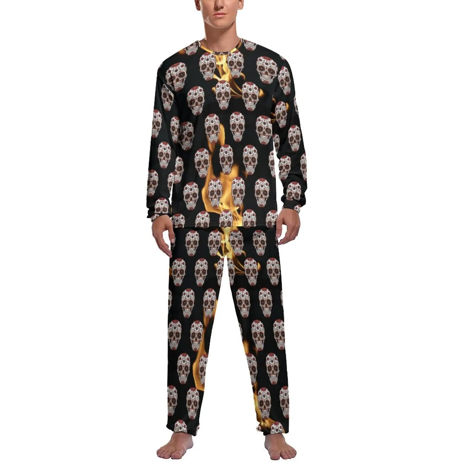 

Sugar Skull Print Pajamas Autumn 2 Pieces Halloween Mexican Warm Pajama Sets Man Long-Sleeve Bedroom Design Nightwear