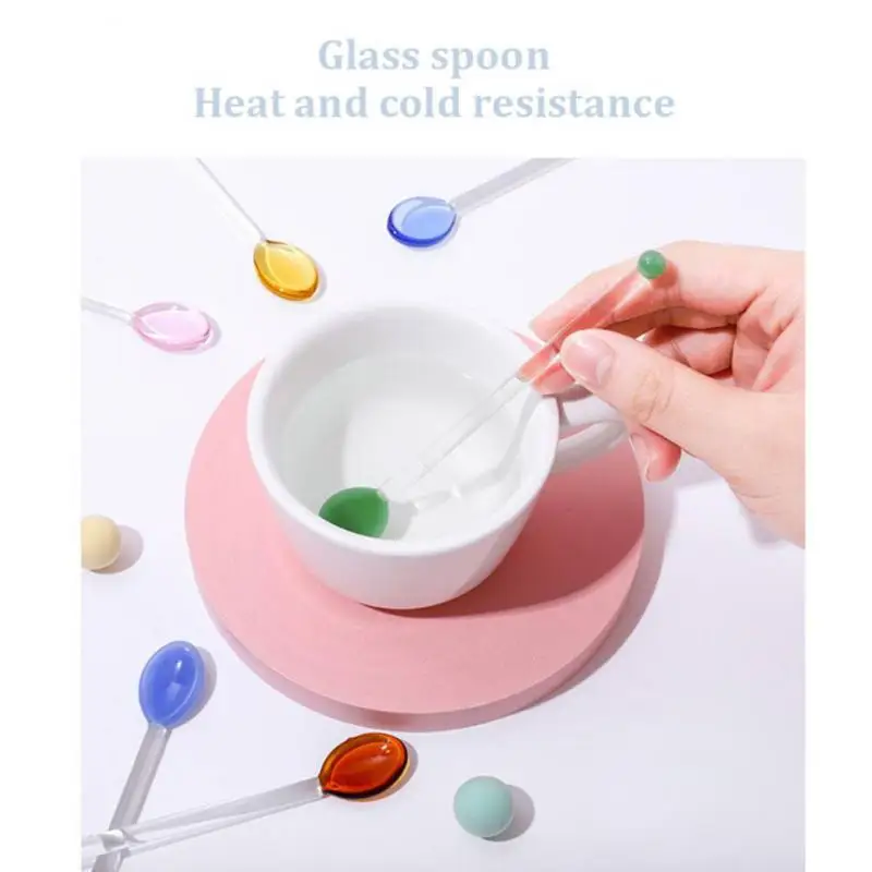 

Creative Glass Milk Spoons Colored Transparent Coffee Dessert Stirring Spoon Long Handle Round Kitchen Tableware Stirrer Rod