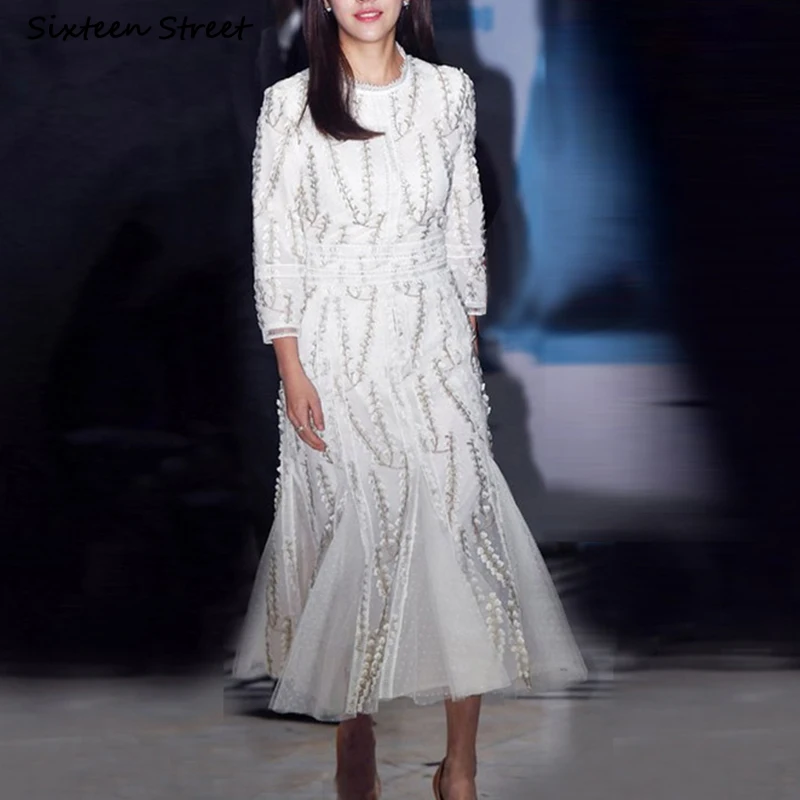 

2023 White Mesh Dress Ladies Embroidery Lace High Waisted Vestido De Mujer Patchwork Design Elegant Clothing Women's Dresses XL