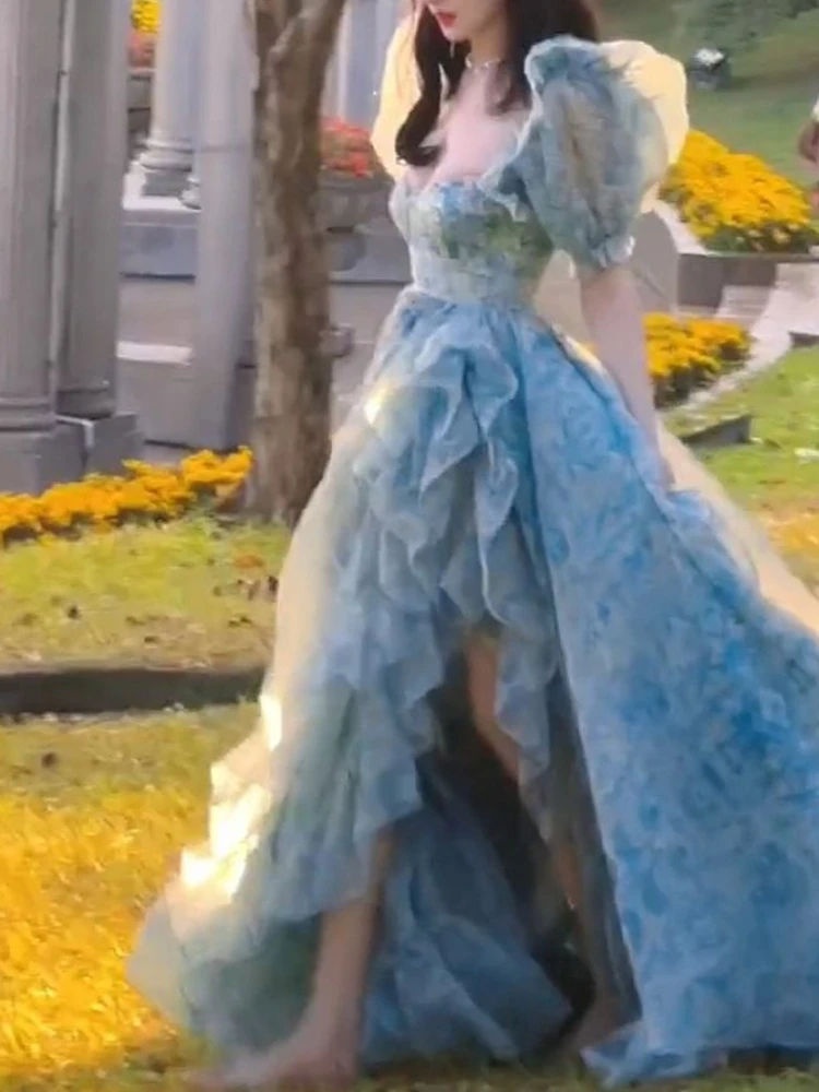 

Elegant Princess Floral Midi Dress Women Puff Sleeve Casual Fairy Chiffon Dress 2023 Winter Evening Korean Party Lolita Dresses