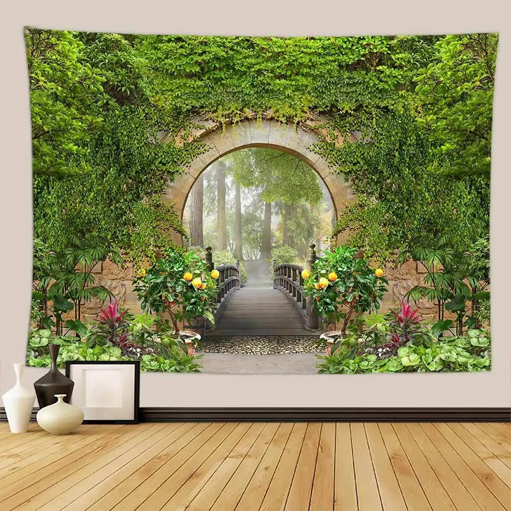

Garden Green Plant Vine Scenery Tapestry Wall Hanging Forest Tree Wooden Bridge Arch Flower Landscape Tapestry Cloth Beach Towel